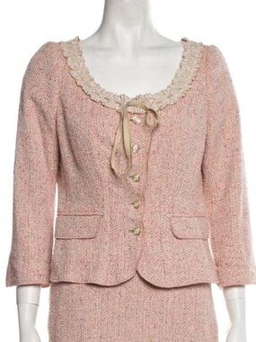 Moschino pink & cream tweed blazer jacket with ruffled collar and tie detail